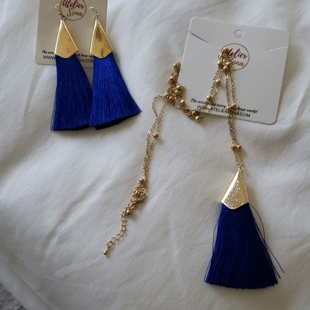 New royal blue tassel necklace & earring set